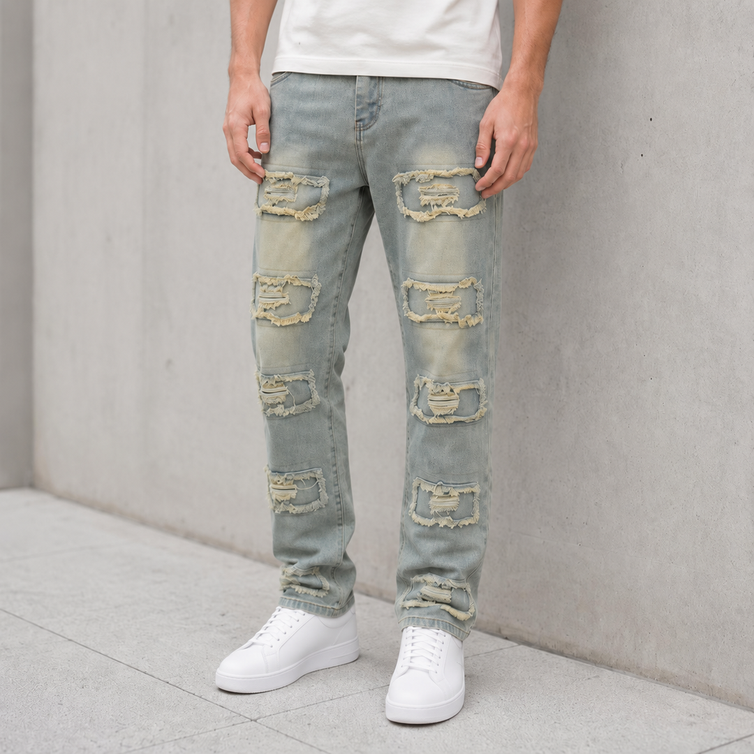 Frayed Patch Straight-Leg Jeans