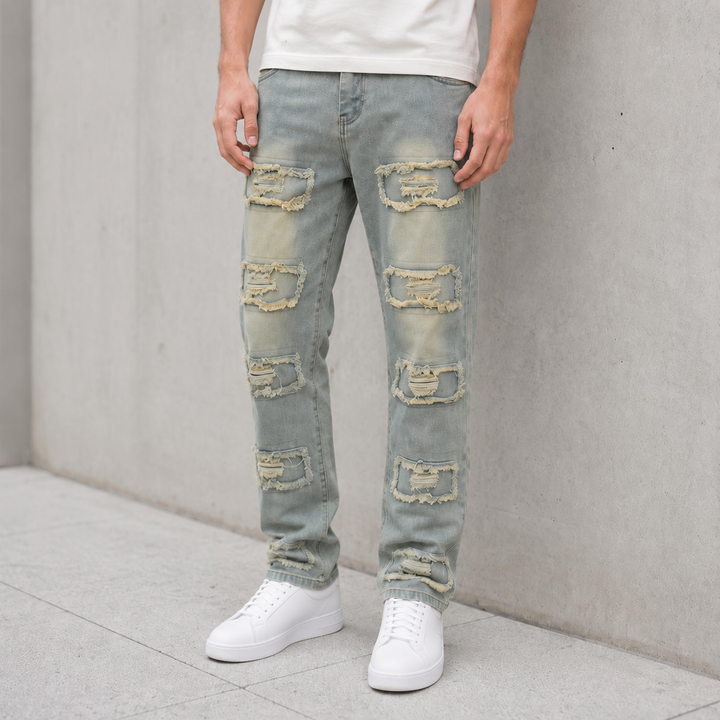 Frayed Patch Straight-Leg Jeans