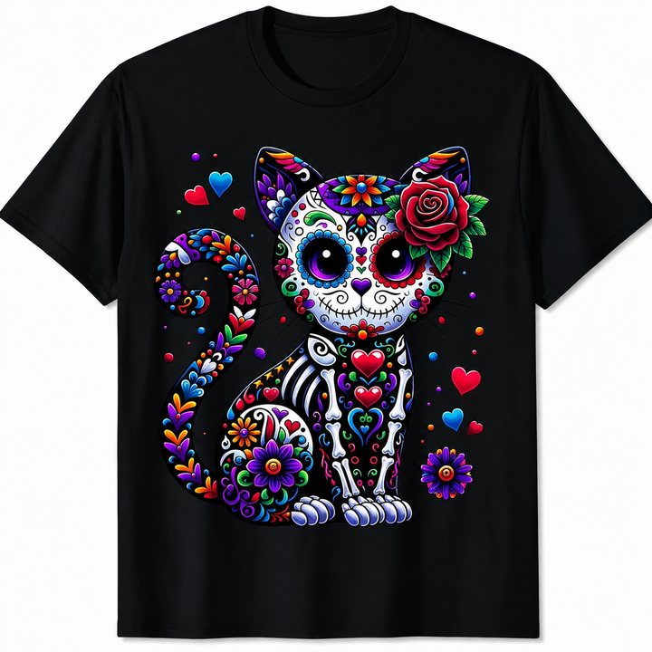 Colorful Sugar Skull Cat Graphic T-Shirt