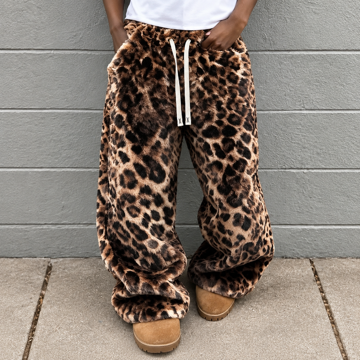 Leopard-Print Plush Baggy Pants