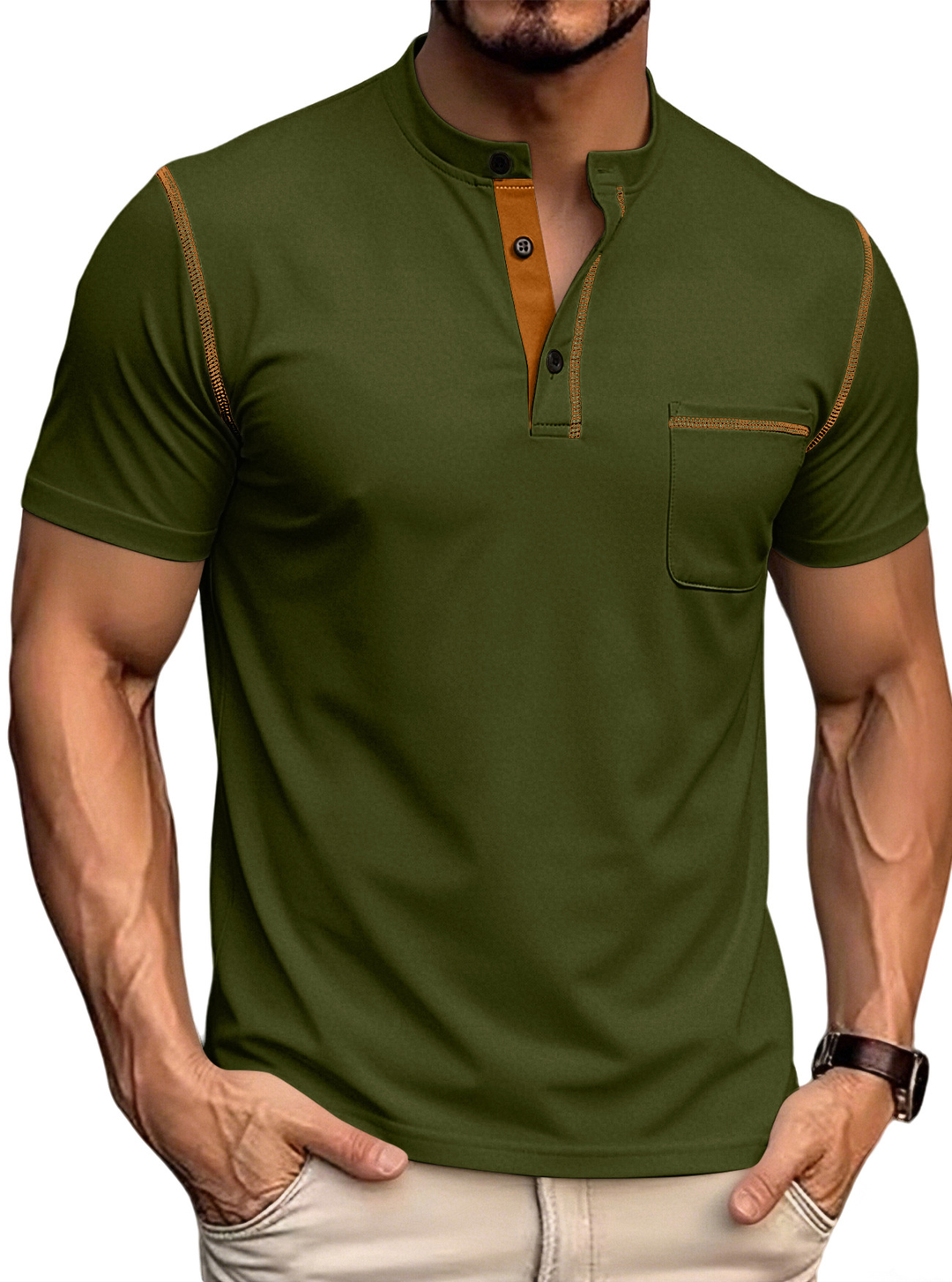 Men’s Textured Color Block Henley Polo Shirt