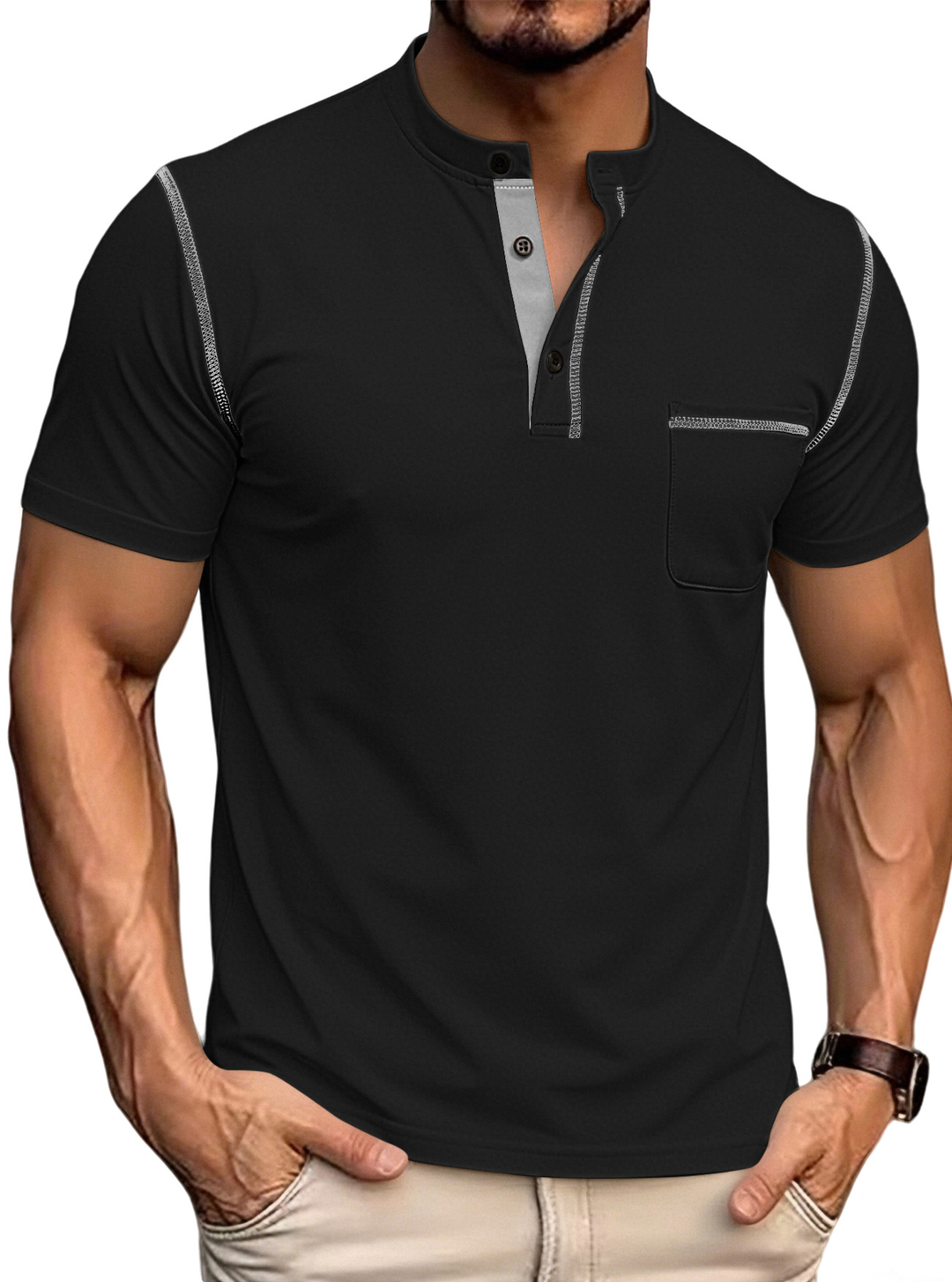 Men’s Textured Color Block Henley Polo Shirt