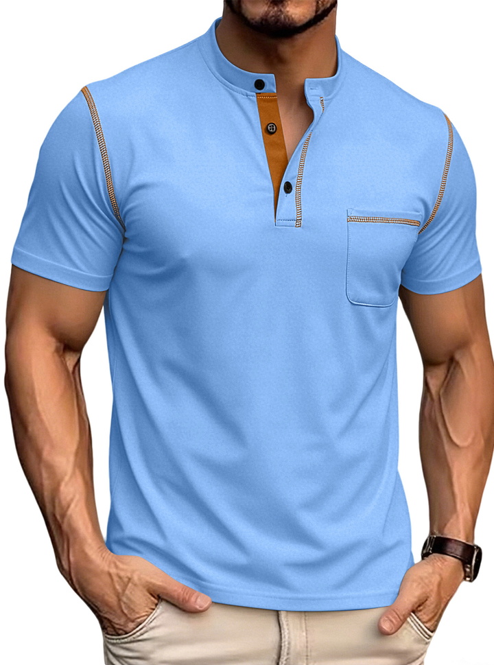 Men’s Textured Color Block Henley Polo Shirt