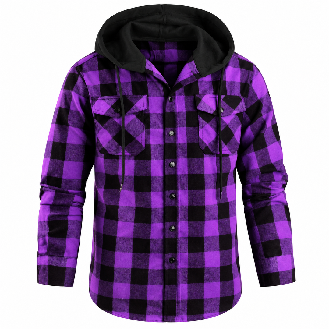 Contrast-Hood Plaid Shirt Jacket