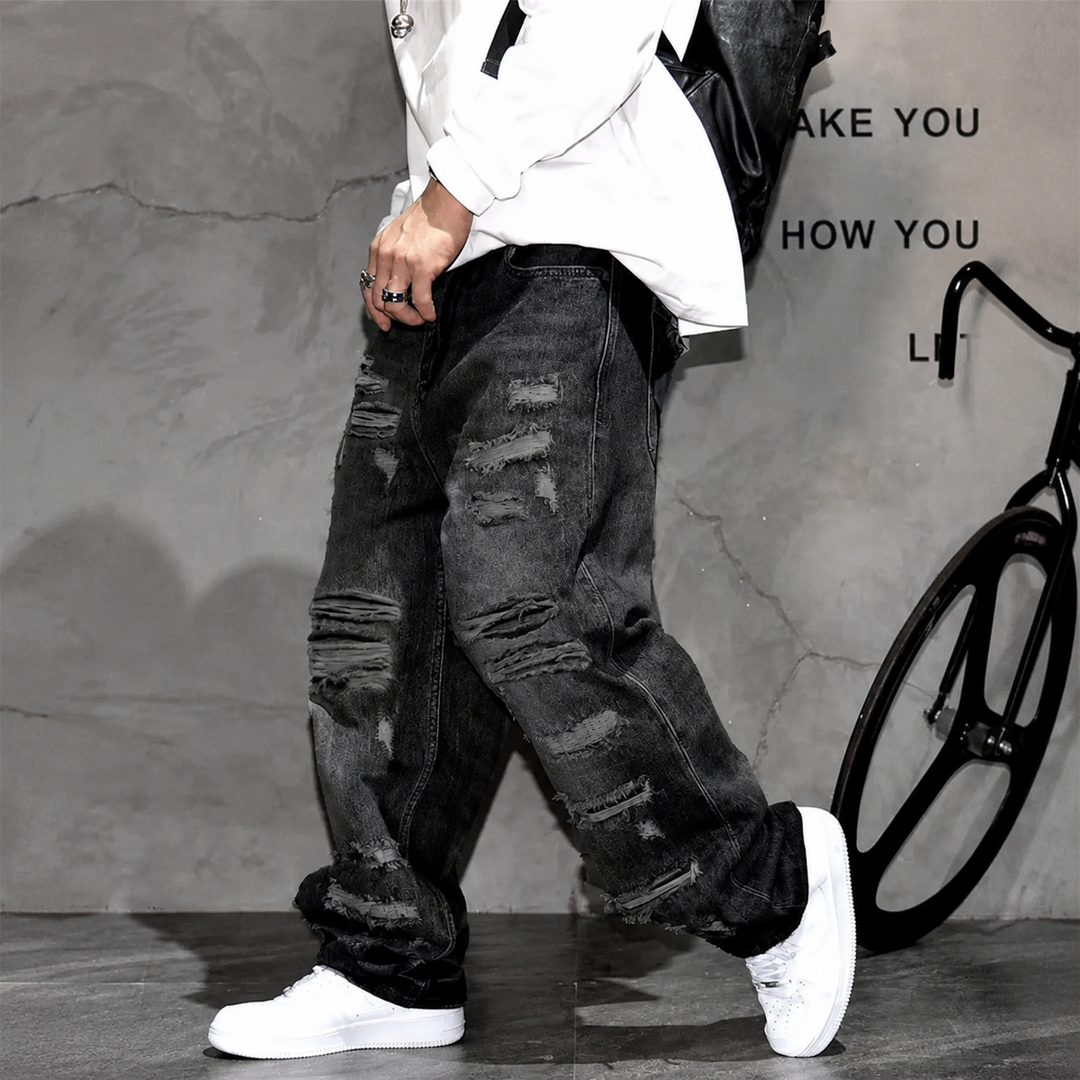 Heavy-Distressed Stacked Baggy Jeans