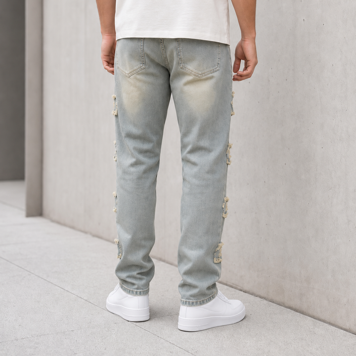 Frayed Patch Straight-Leg Jeans