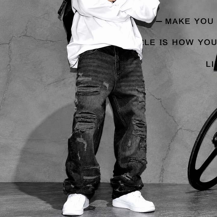 Heavy-Distressed Stacked Baggy Jeans