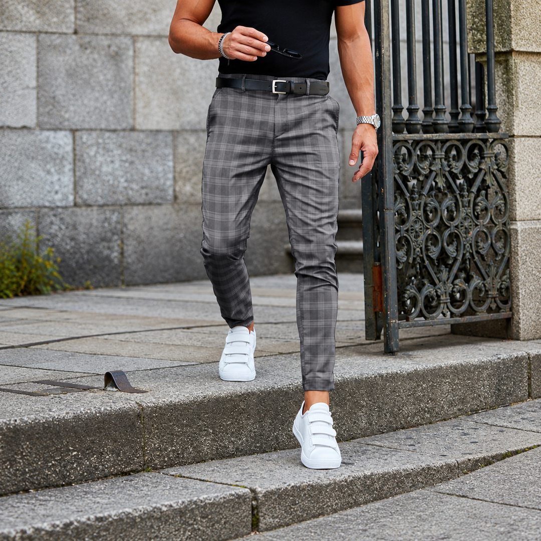 Slim-Fit Plaid Casual Trousers