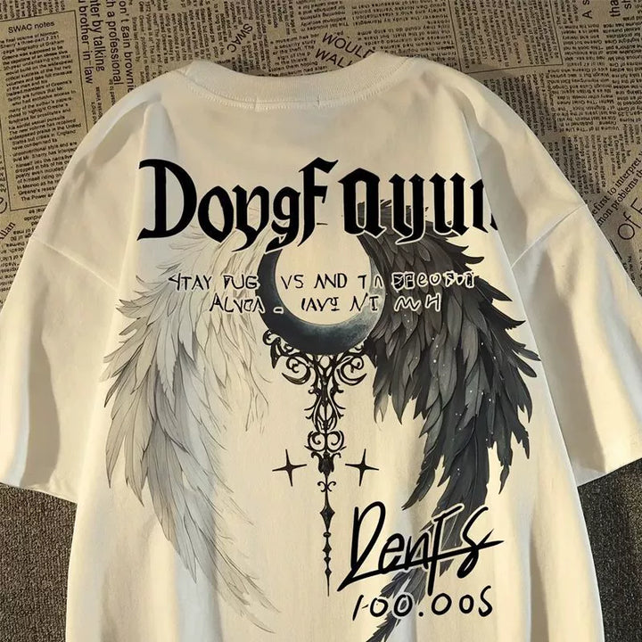 Two-Tone Angel Wing Graphic 100% Cotton T-Shirt