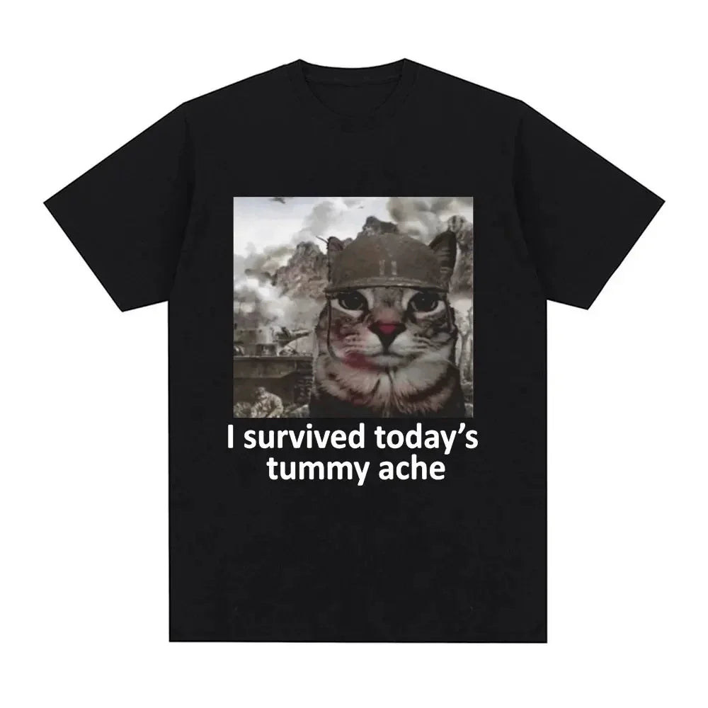 “I Survived Today’s Tummy Ache” Cat Meme T-Shirt