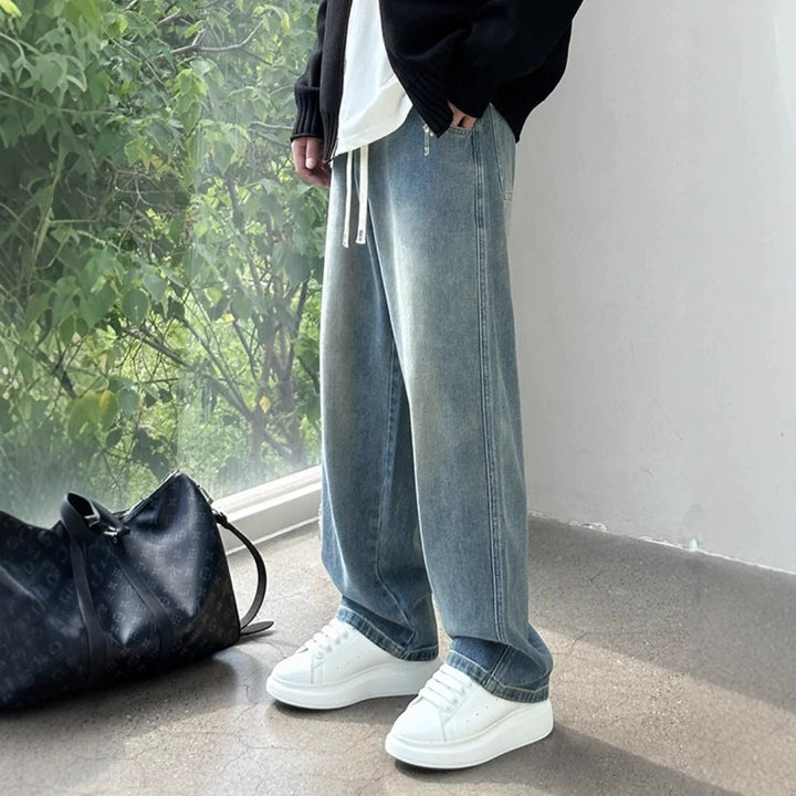 Vintage-Wash Drawstring Denim Pants