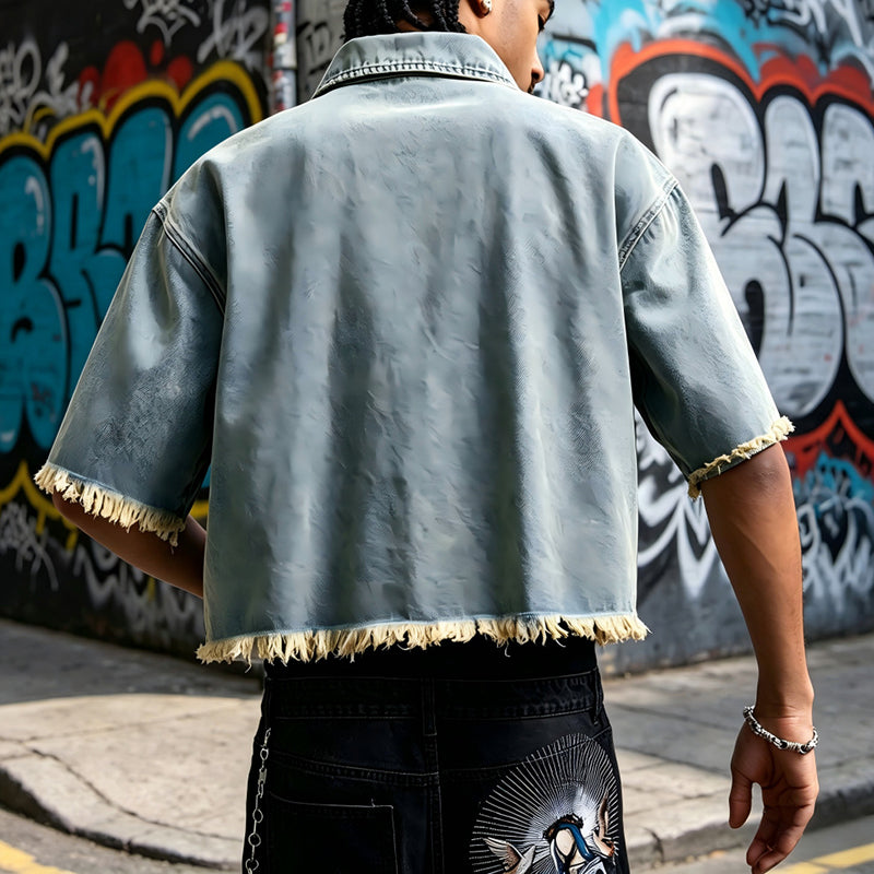 Distressed Fringe Zip-Up Denim Jacket