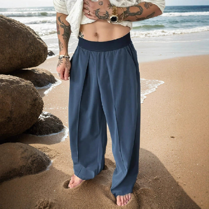 Pleated Wide-Leg Elastic-Waist Trousers