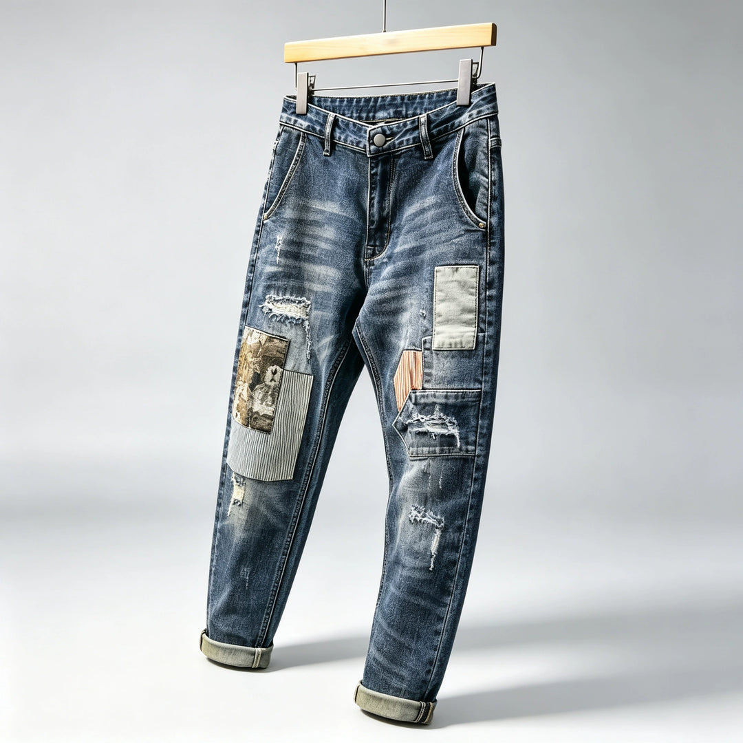 Vintage-Wash Patchwork Distressed Jeans
