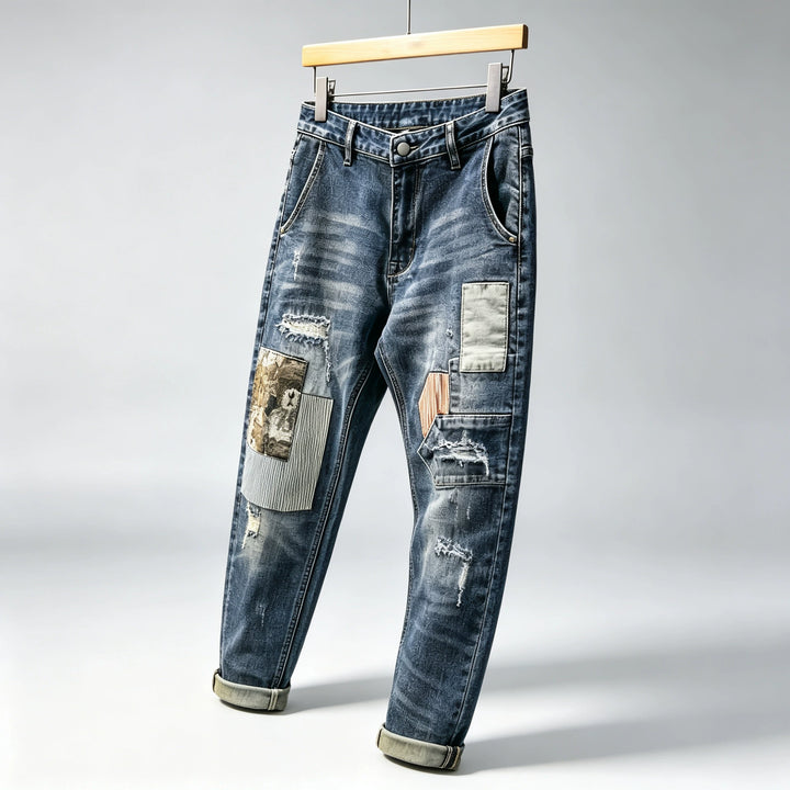 Vintage-Wash Patchwork Distressed Jeans