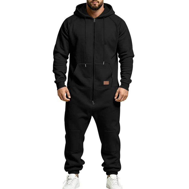 Hooded Zip-Up One-Piece Jumpsuit