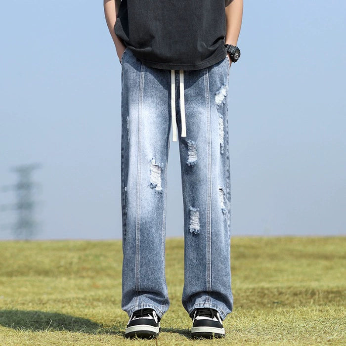 Distressed Drawstring Wide-Leg Jeans