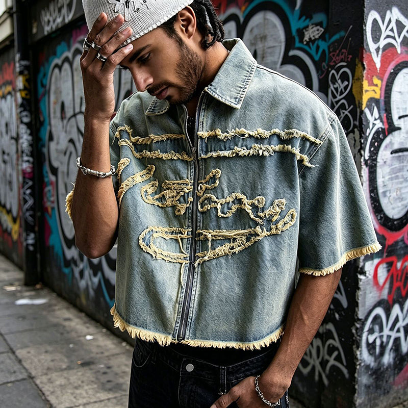 Distressed Fringe Zip-Up Denim Jacket
