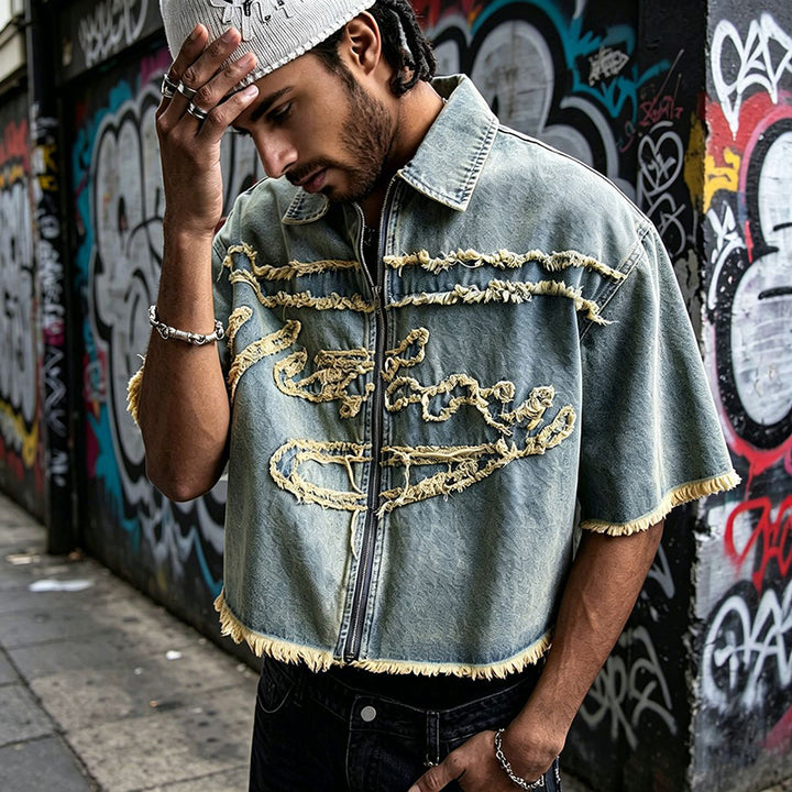 Distressed Fringe Zip-Up Denim Jacket