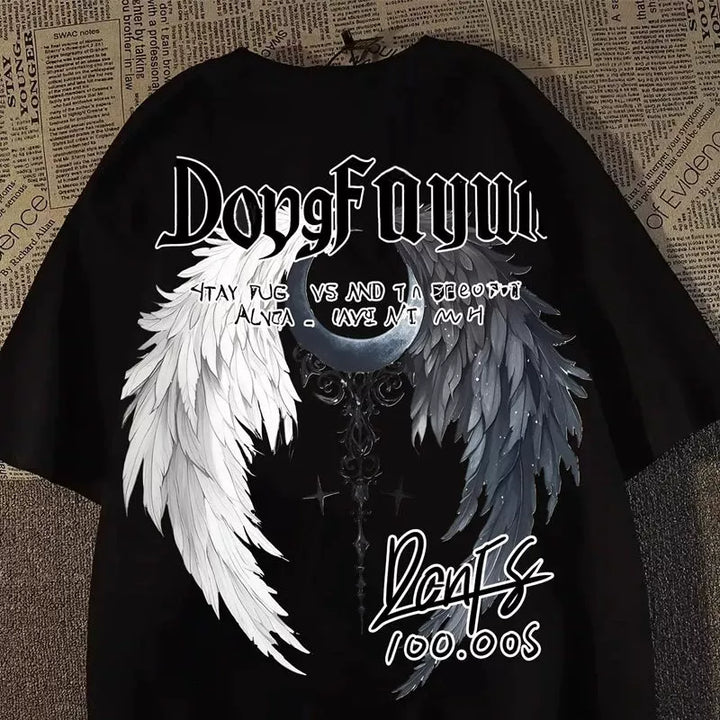 Two-Tone Angel Wing Graphic 100% Cotton T-Shirt