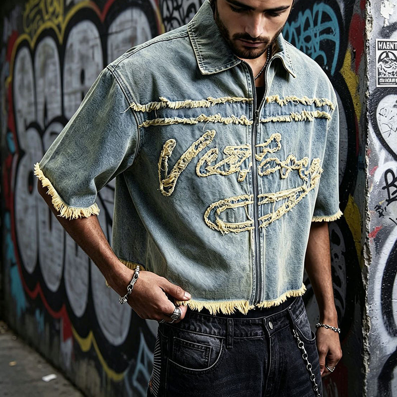 Distressed Fringe Zip-Up Denim Jacket