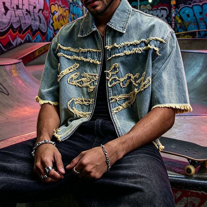 Distressed Fringe Zip-Up Denim Jacket