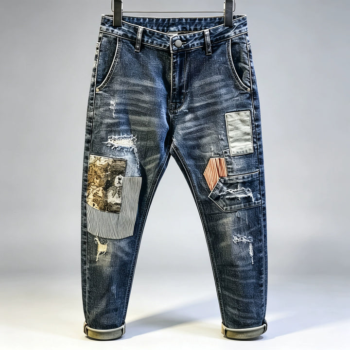 Vintage-Wash Patchwork Distressed Jeans