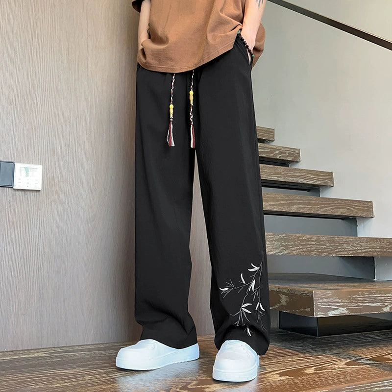 Bamboo Motif Wide-Leg Pants