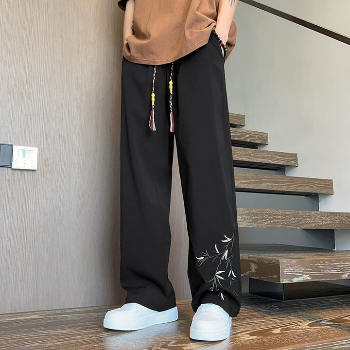 Bamboo Motif Wide-Leg Pants