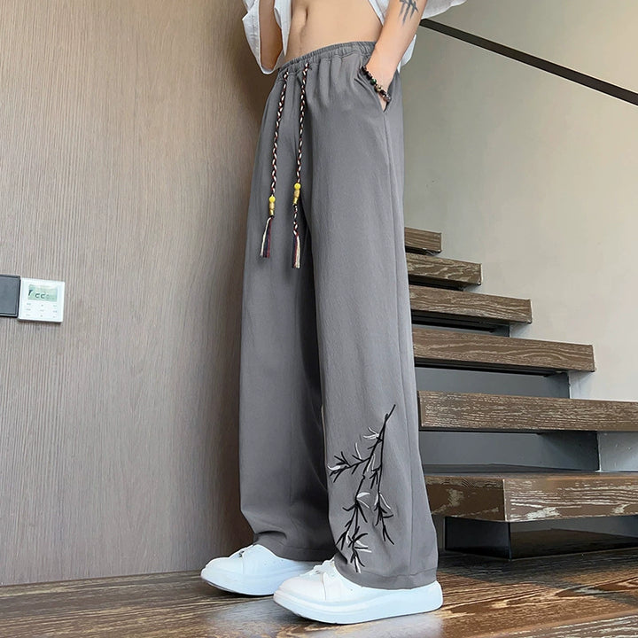 Bamboo Motif Wide-Leg Pants