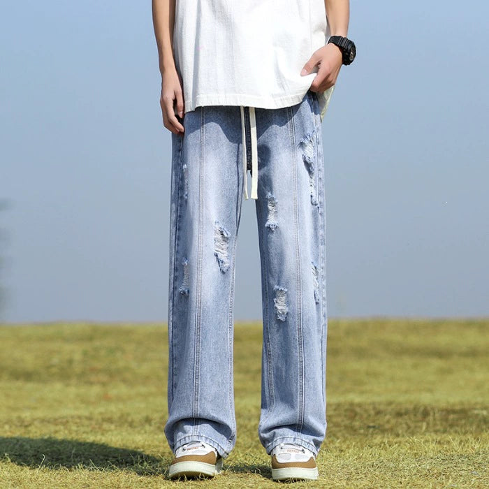 Distressed Drawstring Wide-Leg Jeans