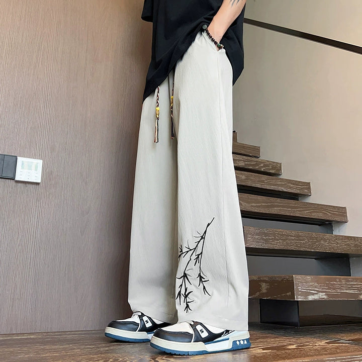 Bamboo Motif Wide-Leg Pants