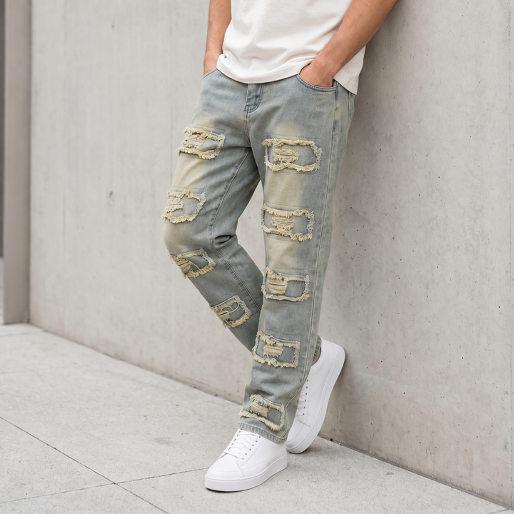 Frayed Patch Straight-Leg Jeans