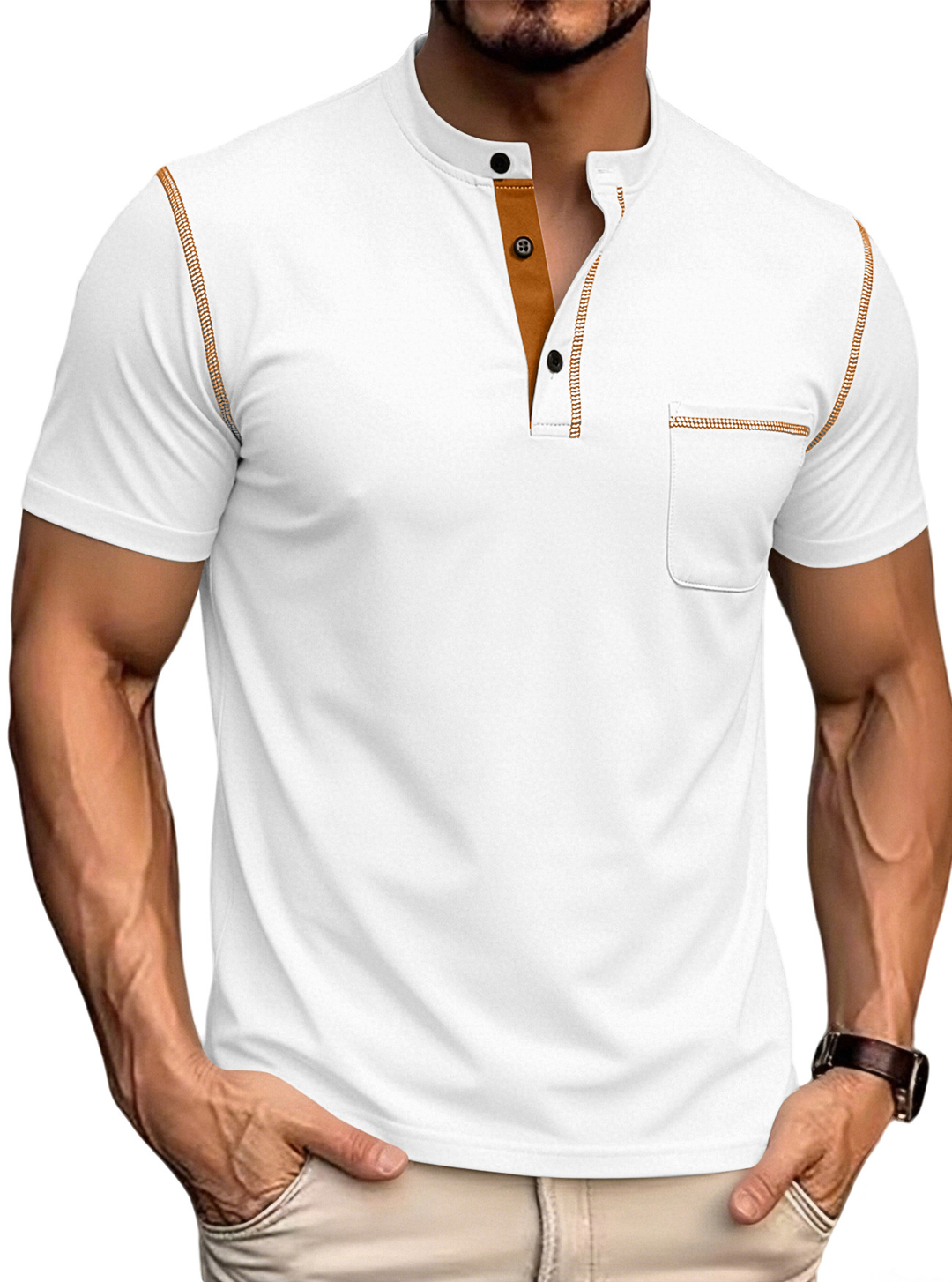Men’s Textured Color Block Henley Polo Shirt