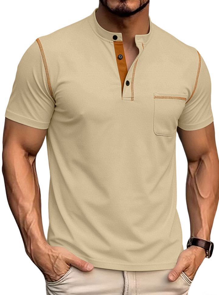 Men’s Textured Color Block Henley Polo Shirt