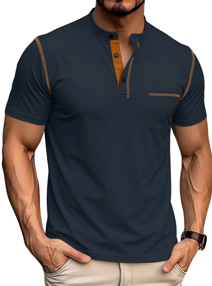 Men’s Textured Color Block Henley Polo Shirt
