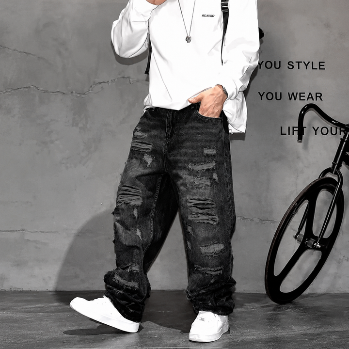 Heavy-Distressed Stacked Baggy Jeans