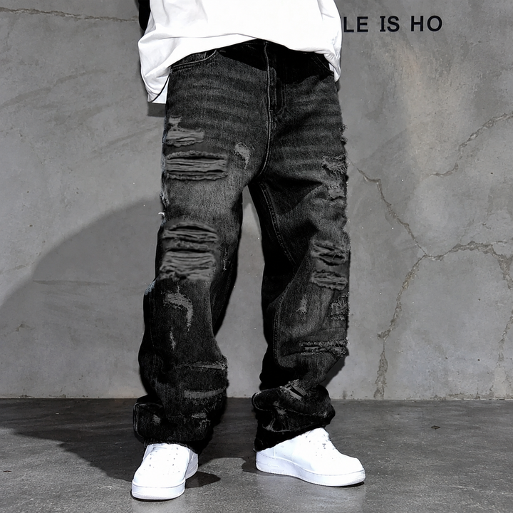 Heavy-Distressed Stacked Baggy Jeans