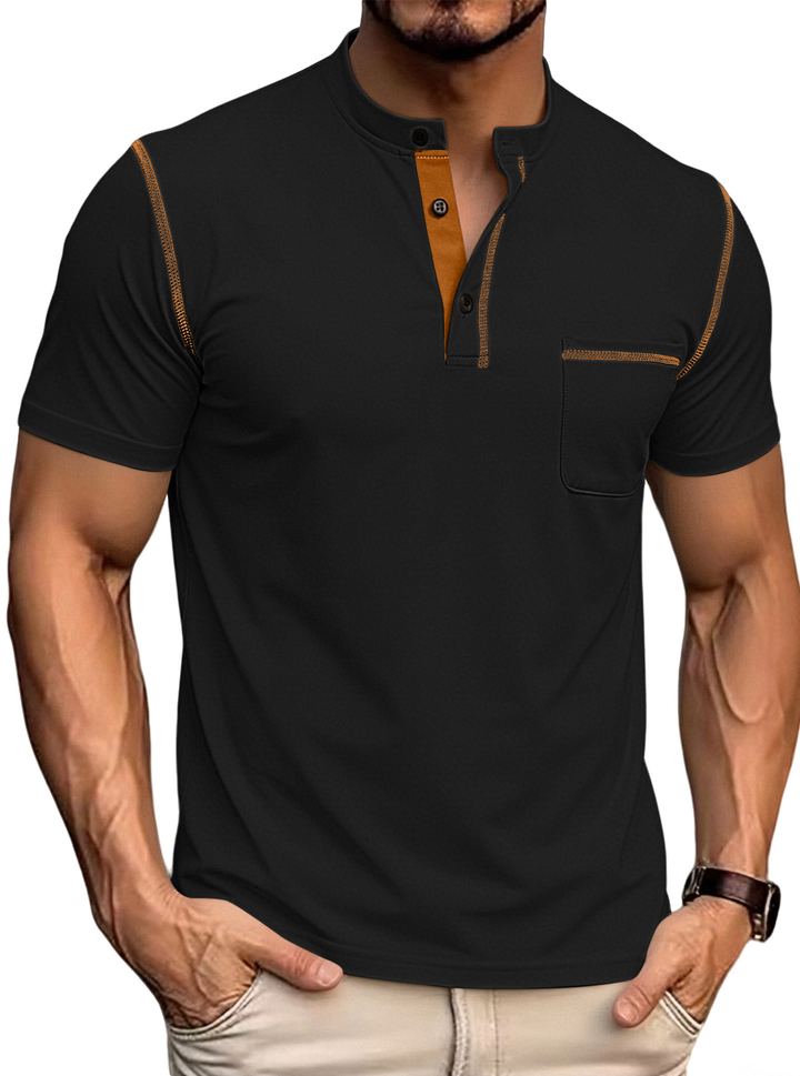 Men’s Textured Color Block Henley Polo Shirt