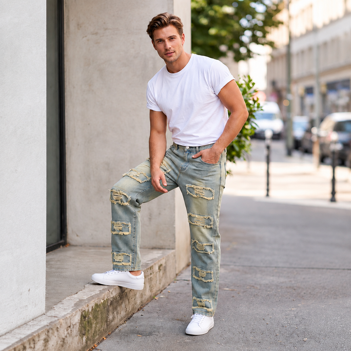 Frayed Patch Straight-Leg Jeans