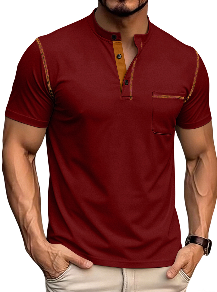Men’s Textured Color Block Henley Polo Shirt