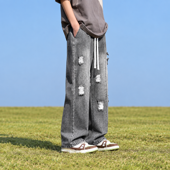 Distressed Drawstring Wide-Leg Jeans