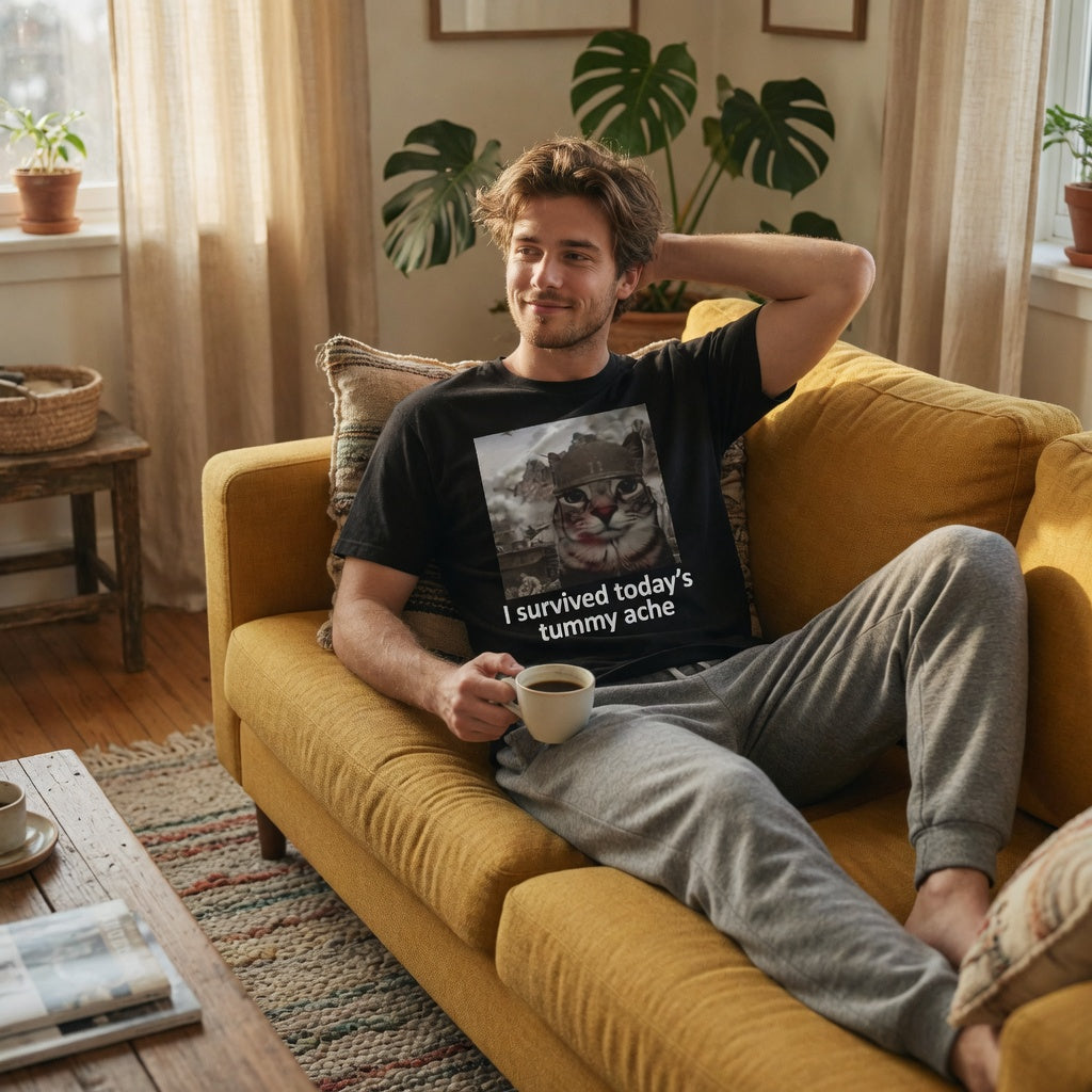 “I Survived Today’s Tummy Ache” Cat Meme T-Shirt